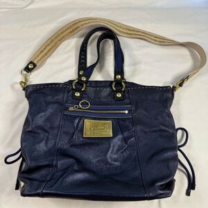 Coach Poppy Sapphire Blue Large Leather Tote Bag Metallic Two Way Gold Accent